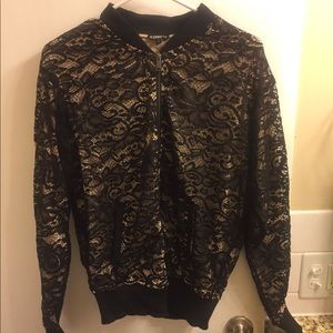 Black lace overlay bomber jacket